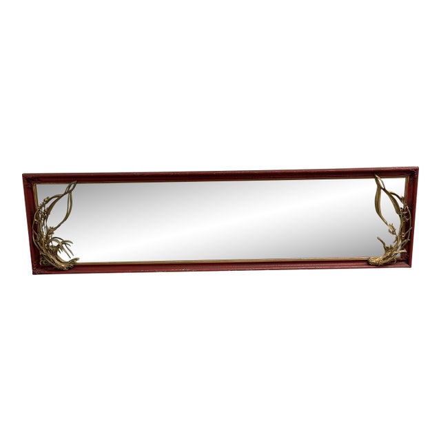 Asian-Inspired Red + Gilt Botanical Wall Mirror, Vintage For Sale
