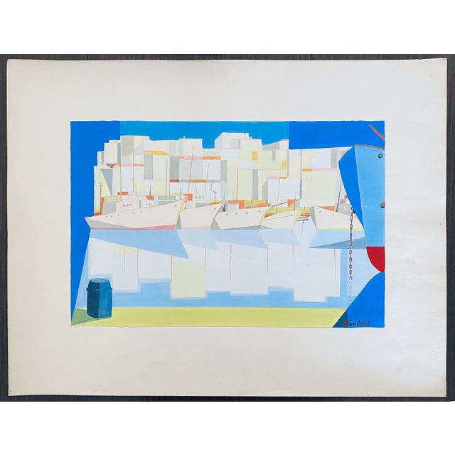 Blue Jean David, Romanian Modernist Gouache Painting Of Buildings And Boats - Jean David For Sale - Image 8 of 8