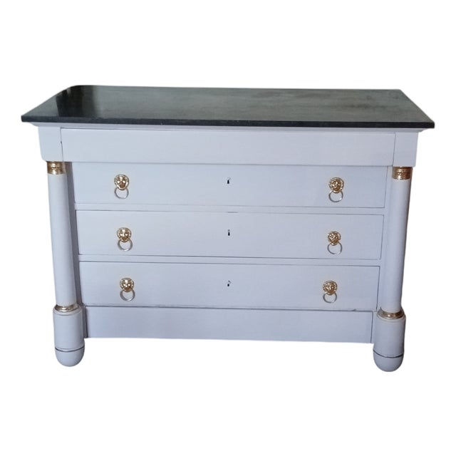 Antique French Empire Commode in Satin Guimauve with Gold Leaf Bronzes, 1815 For Sale