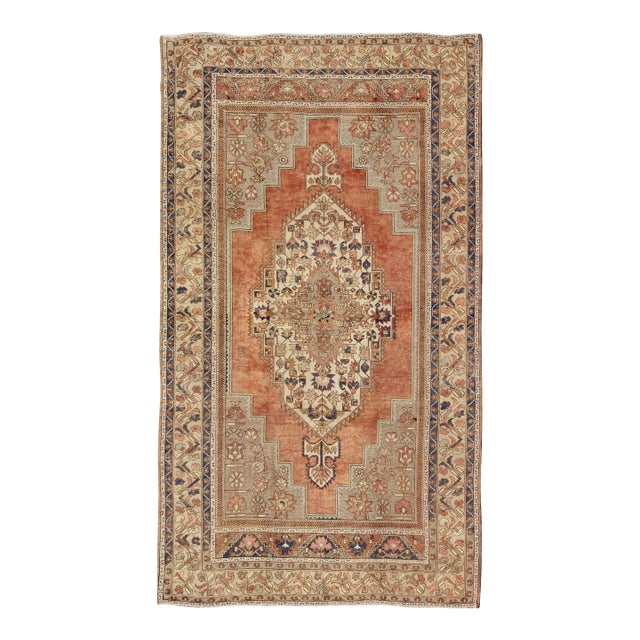 Vintage Turkish Oushak Rug, Hand-Knotted Wool, Blue & Orange, 1930s For Sale
