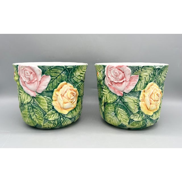 French Country Pair of Italian Rose Relief Ceramic Cachepots – Majolica Style / English Country / Cottagecore For Sale - Image 3 of 10