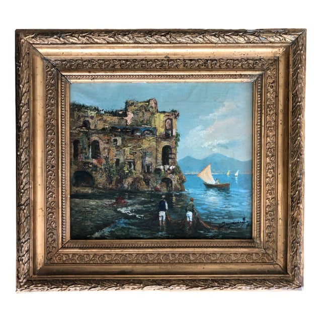 Roberto Scognamiglio, Baie de Naples et pêcheurs, Oil on Canvas, Framed For Sale