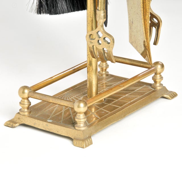 Vintage Brass Fireplace Tool Set 4-Piece Set With Art Deco Stand For Sale In Rochester - Image 6 of 15