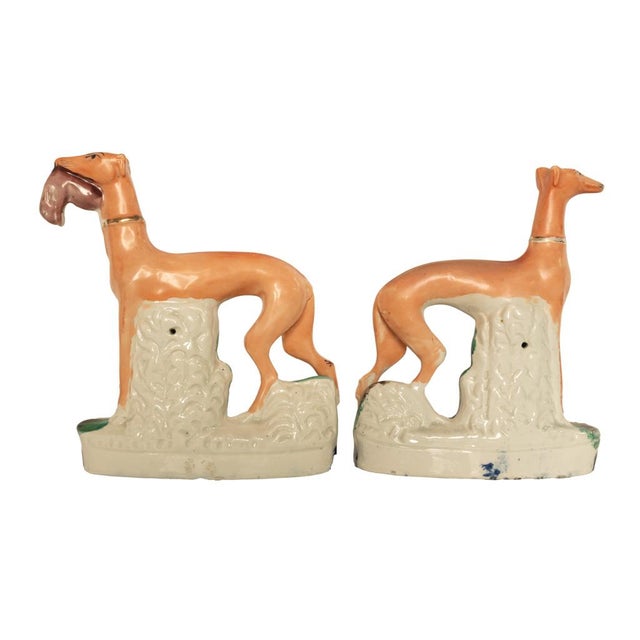 Ceramic Antique 19thC Pair of Staffordshire Whippets Greyhounds Hunting Dog Figures 1860 For Sale - Image 7 of 17