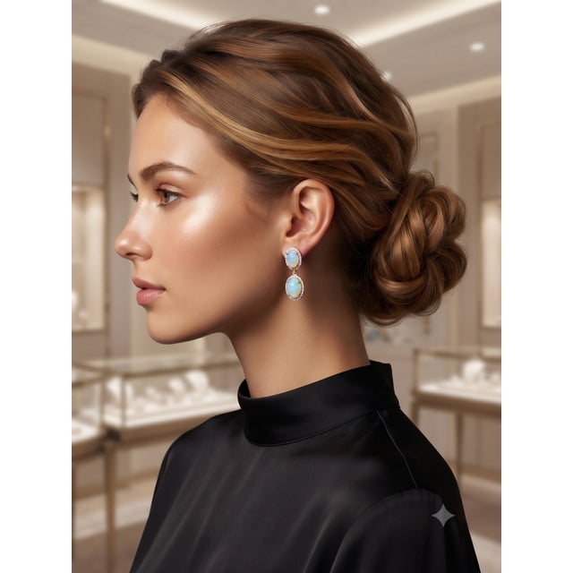 Gemstone Natural Opal 4.44cts & Diamond 0.53cts Earring in 14k Gold For Sale - Image 7 of 8