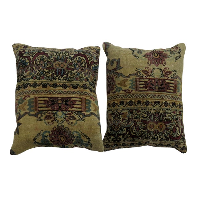 Zabihi Collection Rose and Khaki Persian Kerman Rug Pillows For Sale