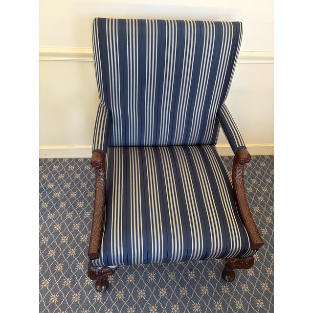 Navy Blue Pair of Kittinger Mahogany Carved Library Armchairs in Ralph Lauren Pinstripe Silk For Sale - Image 8 of 12
