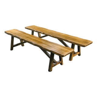 Brutalist Benches in Blond Elm from Aranjou, France, 1960s, Set of 2 For Sale