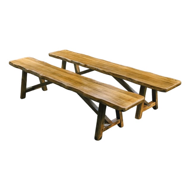 Brutalist Benches in Blond Elm from Aranjou, France, 1960s, Set of 2 For Sale