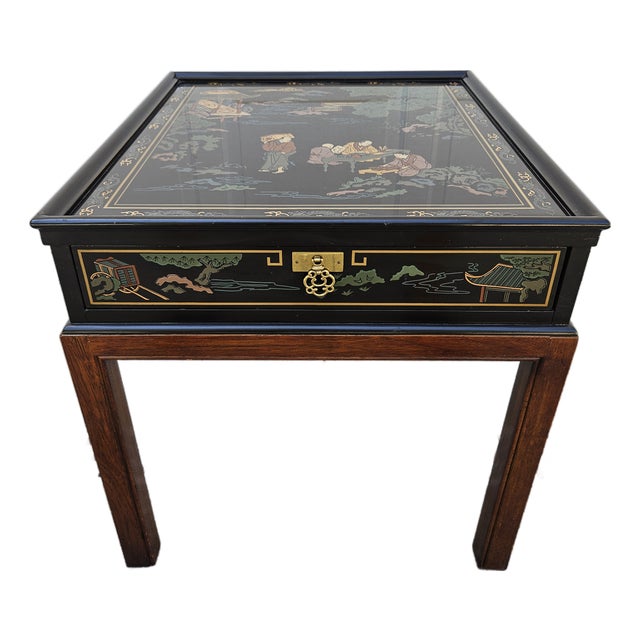 Drexel Black Lacquered Chinoiserie Side Table For Sale