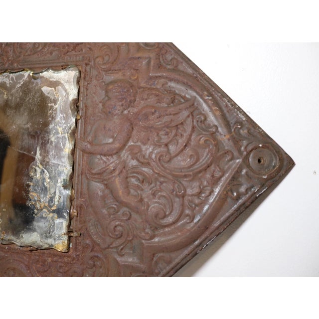 Antique 1800's Ornate Figural Angels Relief Square Tooled Metal Tole Wall Mirror For Sale - Image 4 of 11