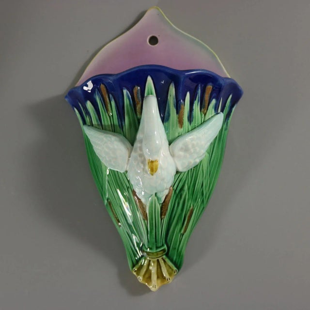 Ceramic Pair Majolica Swan Wall Pockets For Sale - Image 7 of 9