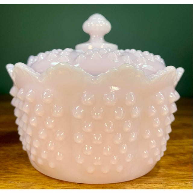 Mosser (Ohio) art glass lidded butter tub. Soft pink in color in the hobnail pattern.