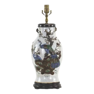 19th Century Chinese Crackle Glaze Peacock Pattern Vase Table Lamp