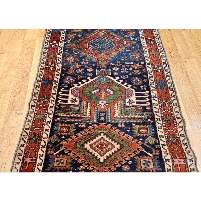 Vintage Heriz Serapi Runner Rug, Hand-Knotted Wool, Geometric Medallion Pattern, Navy, 3x12 For Sale - Image 10 of 16