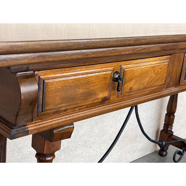 20th Century Spanish Console Fold Out Table With Iron Stretcher and Two Drawers For Sale - Image 9 of 11