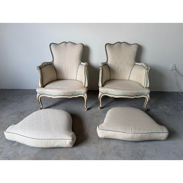 French Country Pair of Vintage Hollywood Regency French Louis XV-Style Painted & Gilt Bergère Lounge Armchairs For Sale - Image 3 of 12