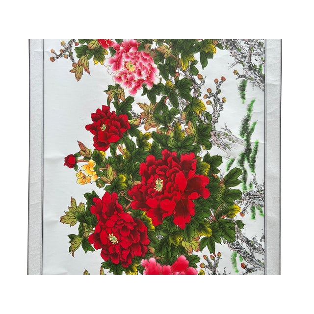 Long Horizontal 141" Chinese Color Ink Red Peony Blossom Scroll Painting For Sale In San Francisco - Image 6 of 14