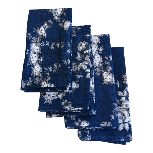 French Farmhouse Country Blue & White Floral Toile Napkins - Set of 4 For Sale