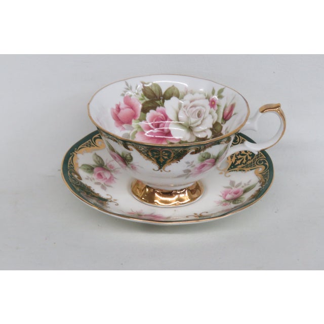 Staffordshire Staffordshire Elizabethan Green Bone China Cabbage Roses Tea Cup & Saucer 4648b For Sale - Image 4 of 12