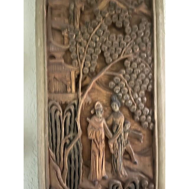 Mid 20th Century Hand Carved Wood Chinese Wall Plaque Set - 3pc Vintage Chinoiserie Garden Panels For Sale - Image 5 of 18