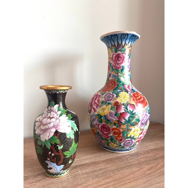 Vintage Chinese Black Cloisonné Enamel Peony & Butterfly Vase, 8" For Sale - Image 13 of 13