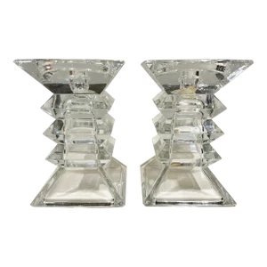 Pair of Modern Contemporary Cubist Shannon Crystal Candlestick Holders