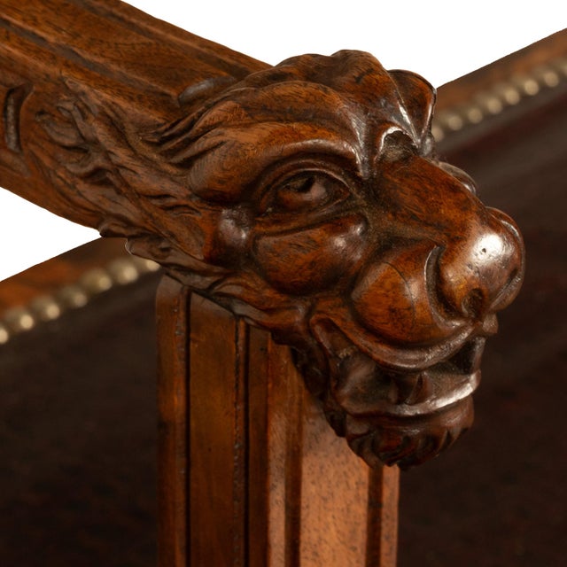 Antique Renaissance Revival Carved Walnut & Leather Hall Window Bench Italy 1880 For Sale - Image 12 of 15