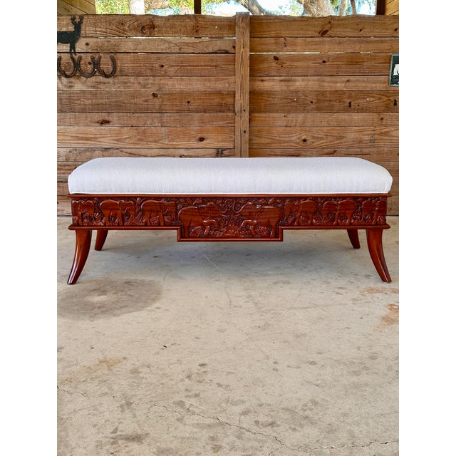 Late 20th Century Refinished Custom Upholstered Wood Carved Elephant Bench For Sale - Image 12 of 12