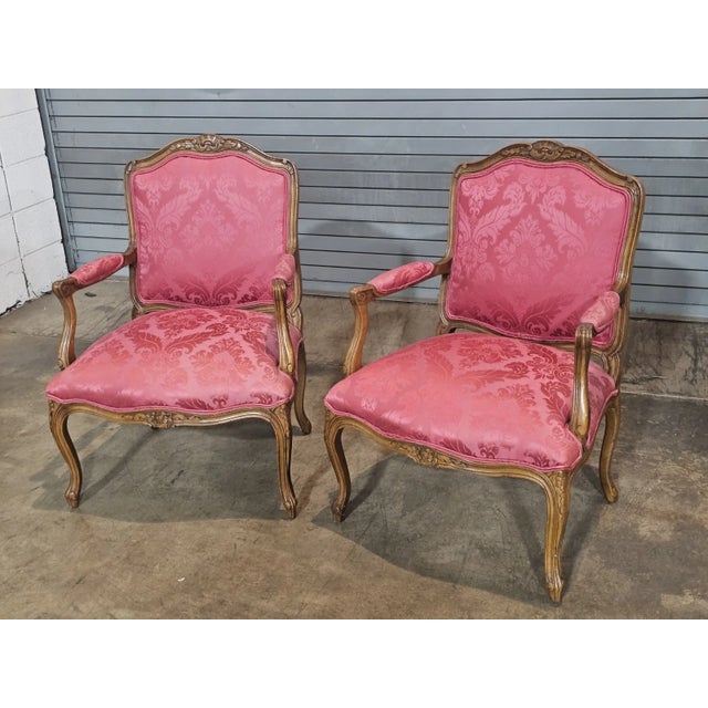 Pair of Late 20th Century Provincial French Country Walnut Carved Arm Chairs Rose Silk Damask Fabric For Sale - Image 4 of 13