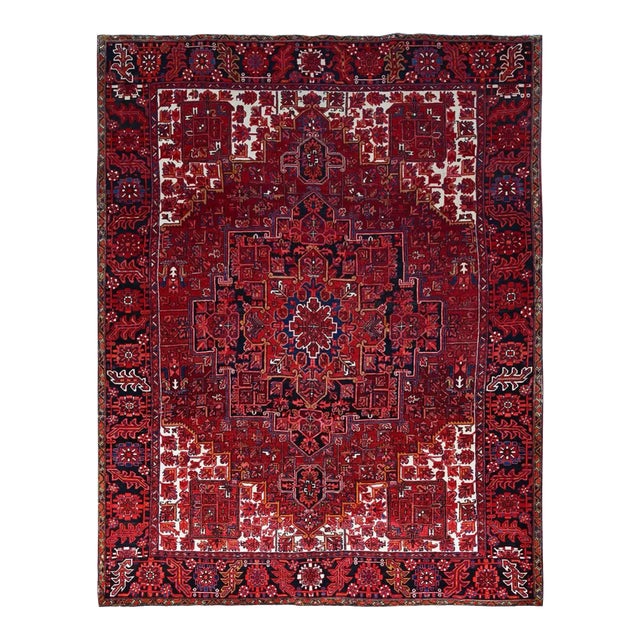 1960 10'x12'8" Fire Brick Red With Asphalt Black Border Vintage Heriz Oriental Rug For Sale