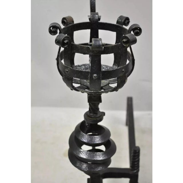 Metal 19th Century Arts & Crafts Gothic Cast Iron Spiral Scrollwork Fireplace Andirons - A Pair For Sale - Image 7 of 12