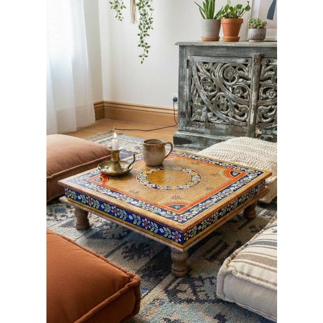 Coffee Hand-Painted Mango Wood Bajot Table – Mandala Boho Coffee Table Plant Stand For Sale - Image 8 of 8