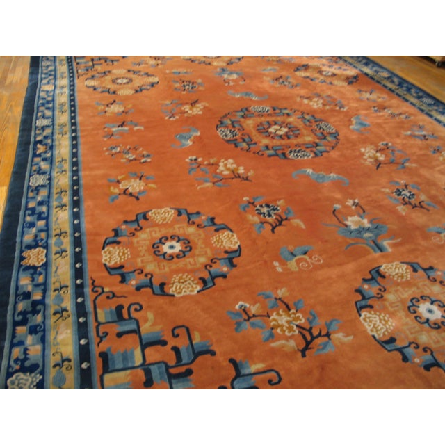 Chinese Lovely Salmon and Blue Color With Flower Design Vintage Chinese Peking Rug For Sale - Image 3 of 5