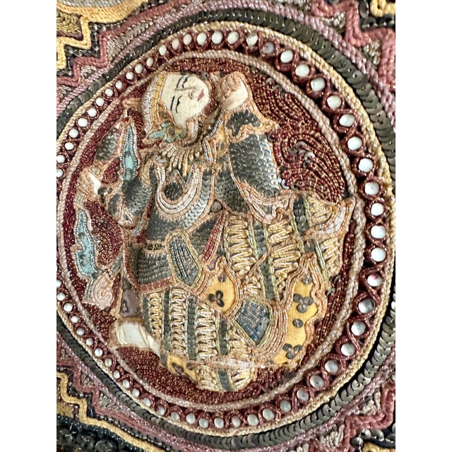 Vintage Burmese Kalaga Embroidered Tapestry With Five Figural Medallions, 40" X 37" For Sale - Image 4 of 18