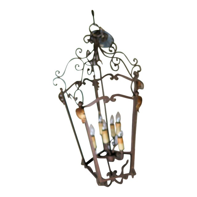 Monumental French Style Mid-Century Wrought Iron 5 Light Lantern/Chandelier For Sale