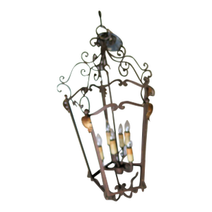 Monumental French Style Mid-Century Wrought Iron 5 Light Lantern/Chandelier