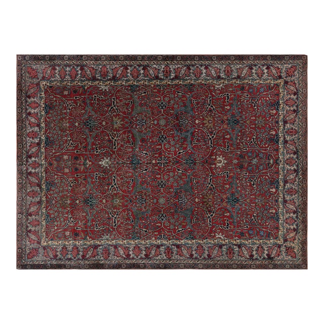 One-of-a-Kind Antique Persian Tehran Botanic Red, Blue Handmade Wool Rug For Sale