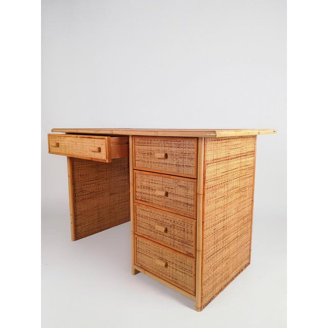 1970s Vintage Italian Writing Desk with Drawers in Bamboo, Rattan and Plywood, 1970s For Sale - Image 5 of 18