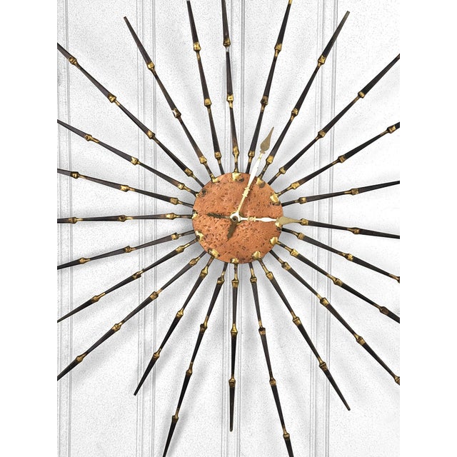 Mid-Century Modern Vintage Brutalist Copper & Brass Spike Nail Sunburst Wall Clock - 24" For Sale - Image 3 of 6