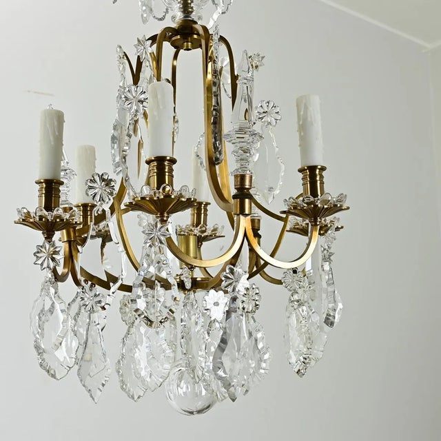 French French Vintage Petite Brass & Crystal Chandelier For Sale - Image 3 of 12