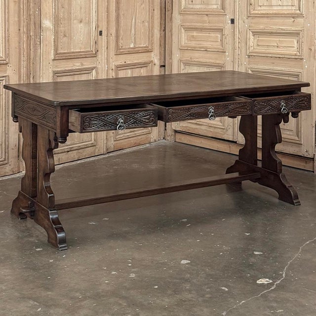 Antique Neo Gothic Carved Oak Trestle Three Drawer Writing Desk For Sale - Image 16 of 18