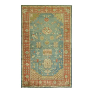 Antique Zabihi Collection Green Orange Oushak Rug - 4'2" x 6'4" For Sale