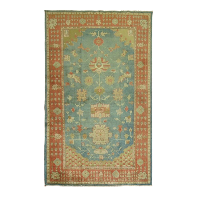 Antique Zabihi Collection Green Orange Oushak Rug - 4'2" x 6'4" For Sale