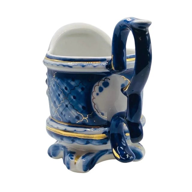 Blue Early 1900s Antique Porcelain Hand Painted Gzhel Cup Glass Milk Can Holder, Signed For Sale - Image 8 of 9