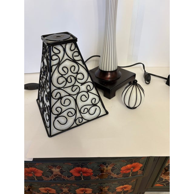 1980s Vintage Mid-Century-Spanish Revival Wrought Iron Glass Table Lamps - A Pair For Sale - Image 5 of 6