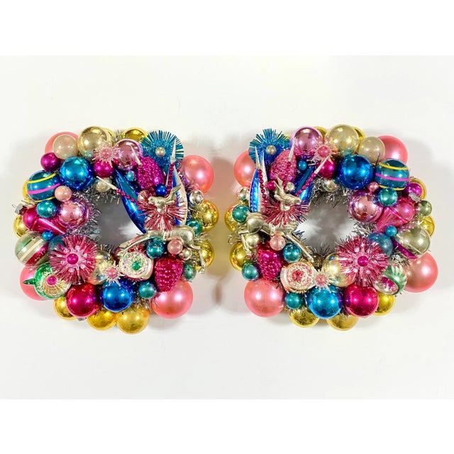 One-of-a-kind matching pair of handmade Christmas wreaths constructed from vintage and antique glass ornaments, colorful...