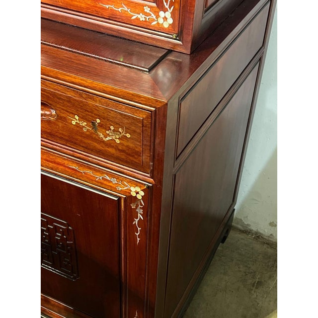 Vintage Chinese Rosewood Mother-of-Pearl Inlaid China Cabinet – 2 Pieces For Sale - Image 6 of 18