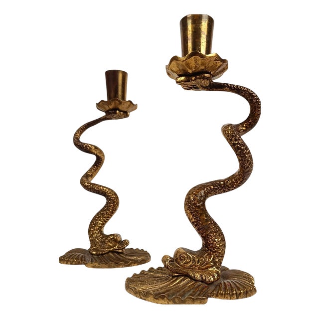 Vintage Italian Baroque Style Brass Dolphin Candlesticks, 1950s, Set of 2 For Sale