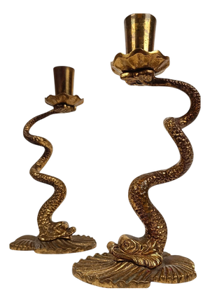 Vintage Italian Baroque Style Brass Dolphin Candlesticks, 1950s, Set of 2